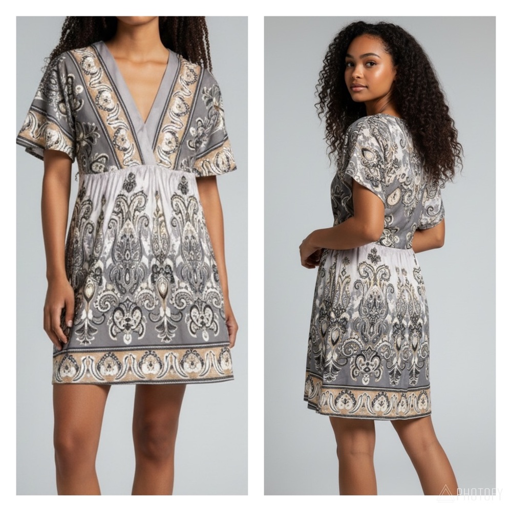 Atelier Jai Women's Gray Elegant Paisley V-Neck Swing Dress•L-XL